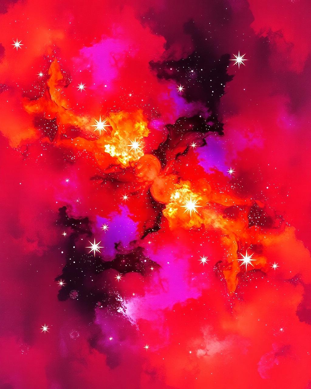 Vivid red and magenta cosmic nebula, echoing the gallery artwork on the Starlite walls
